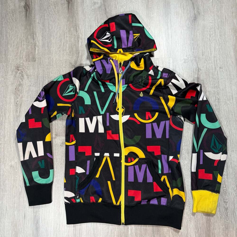 Vintage Volcom Multi-Color All Over Print Logo Full Zip Hoodie Y2K Grunge